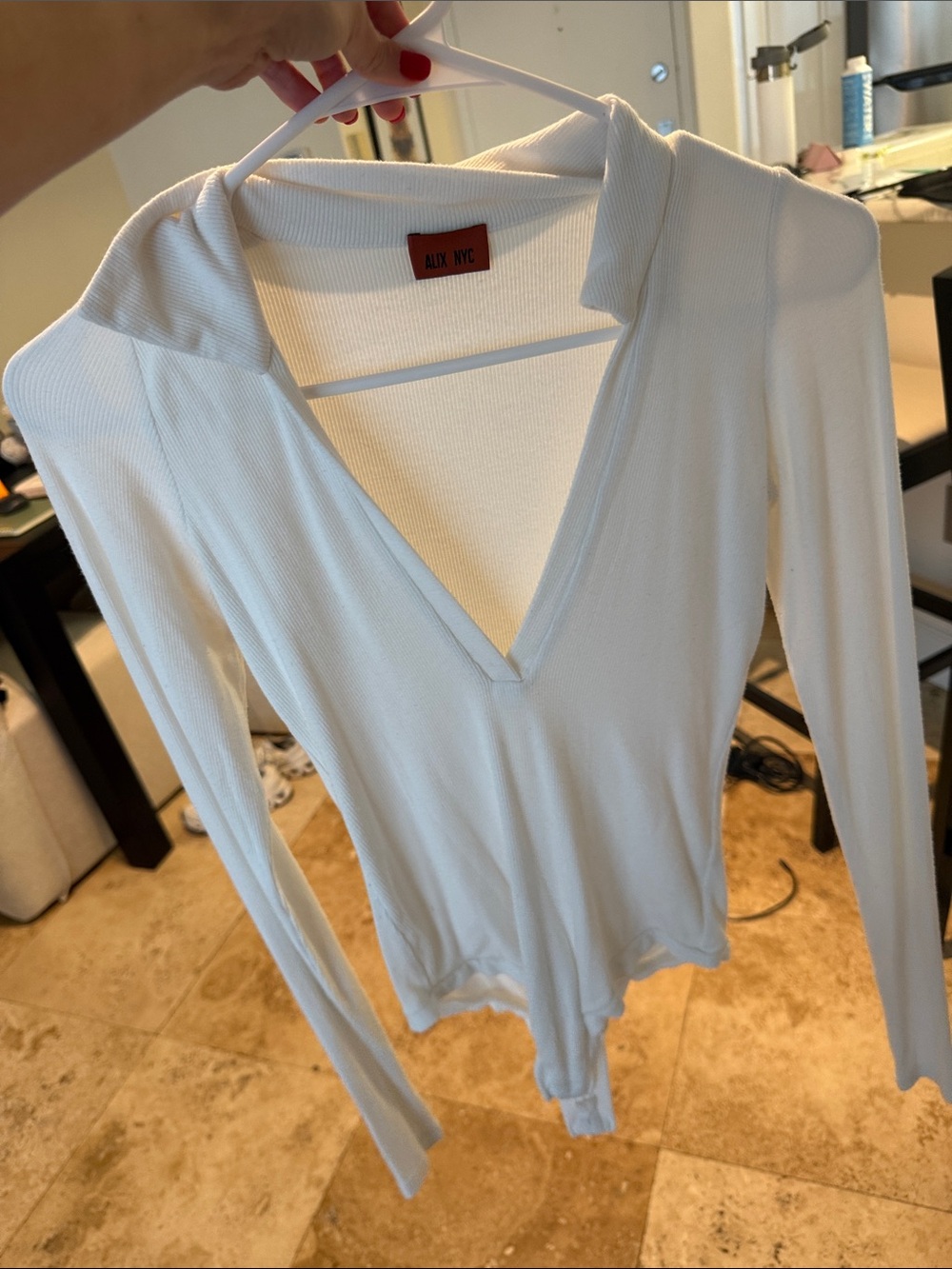 White Ribbed V-Neck Long Sleeve bodysuit